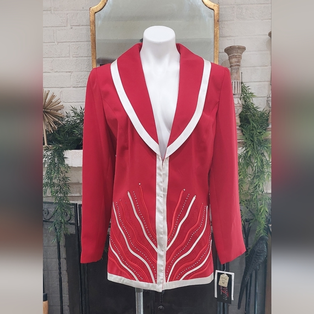 Elegant Red Blazer with White Trim & Rhinestone Detail Chic Statement Jacket NEW - Picture 4 of 12